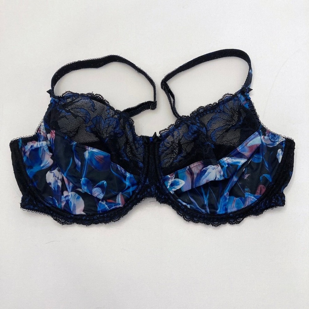 Fantasie Bra 38DDD Black Blue Floral Underwire Lace 2 Hook Full Coverage
